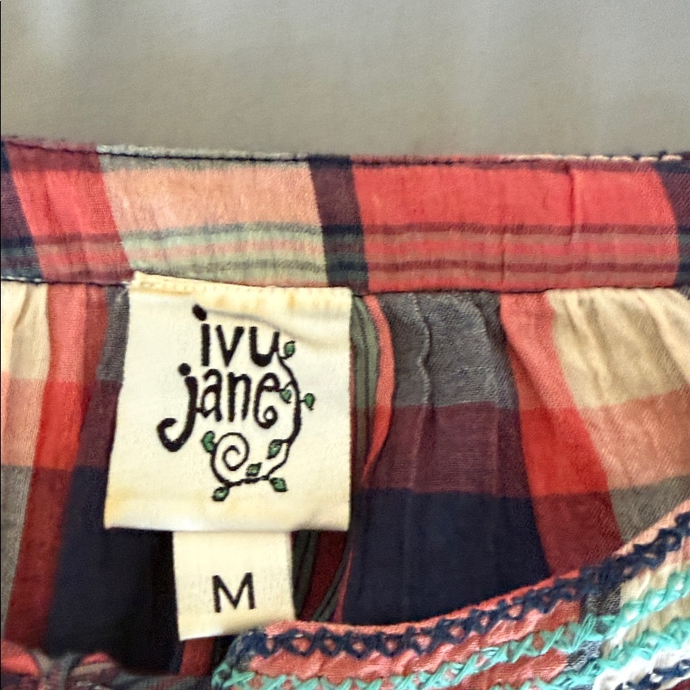 Ivy Jane Red and Blue Plaid Blouse with Embroidered Sleeves - Picture 5 of 6